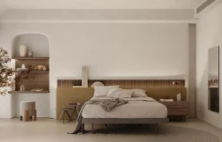 Dormitorio con cabecero de madera Paralex y tapizado de Lagrama